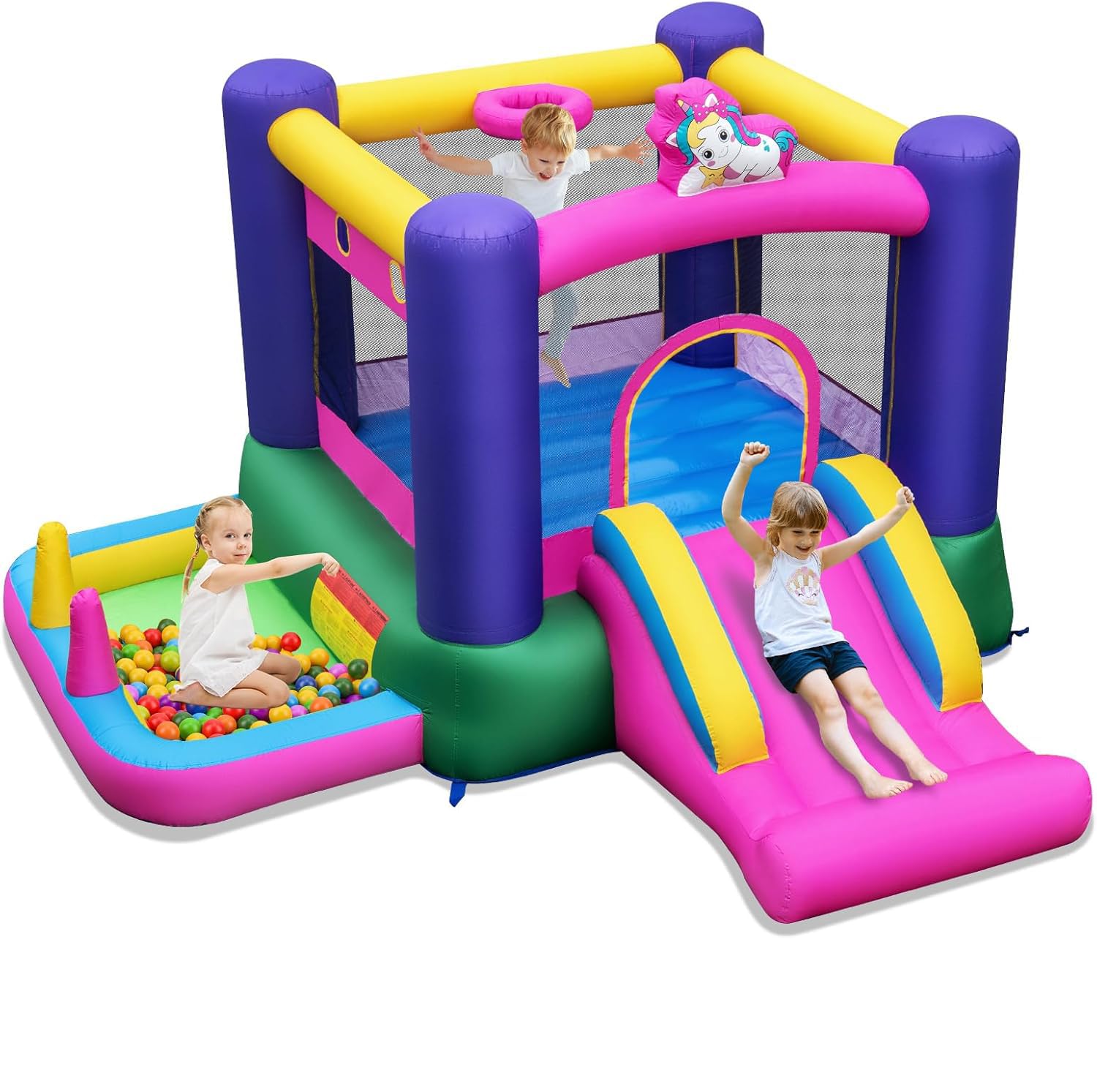 GYMAX Kids Bouncy Castle, Inflatable Jumping House with Slide, Ball Pit Area and Basketball Hoop, Children Bounce Playhouse for Outdoor Indoor (Unicorn without Blower)