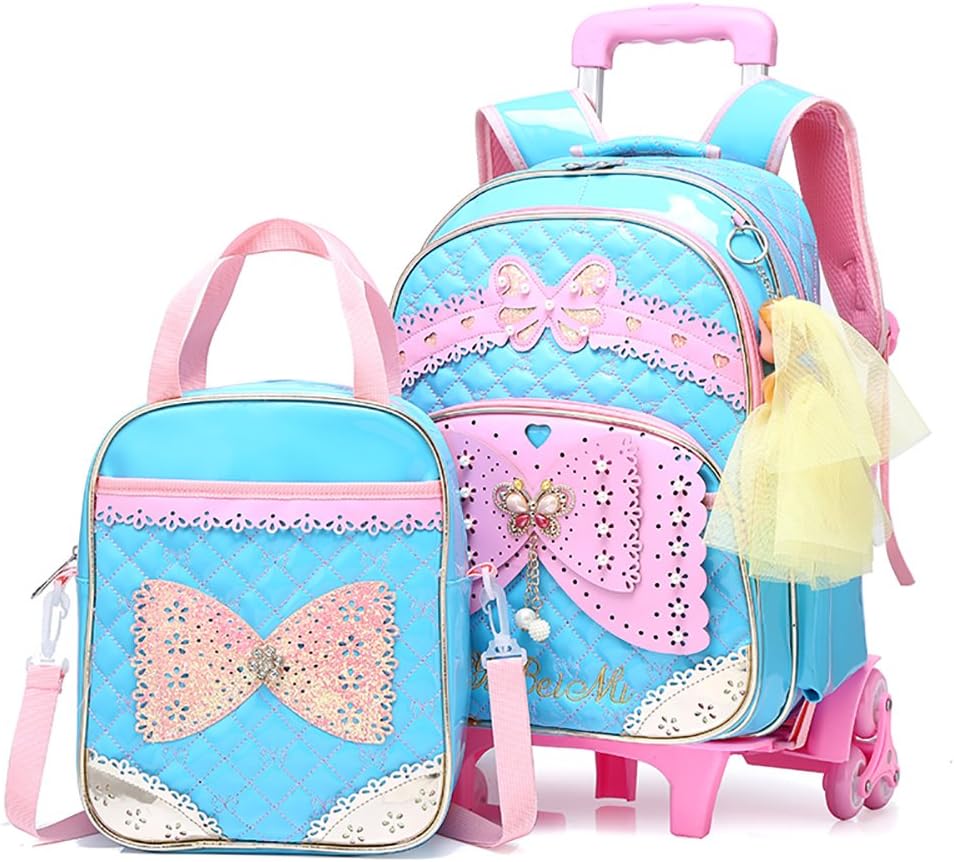 Meetbelify Girls Rolling Backpack Kids Backpack with wheels for girls for Middle school Trolley Luggage with Lunch Box ?