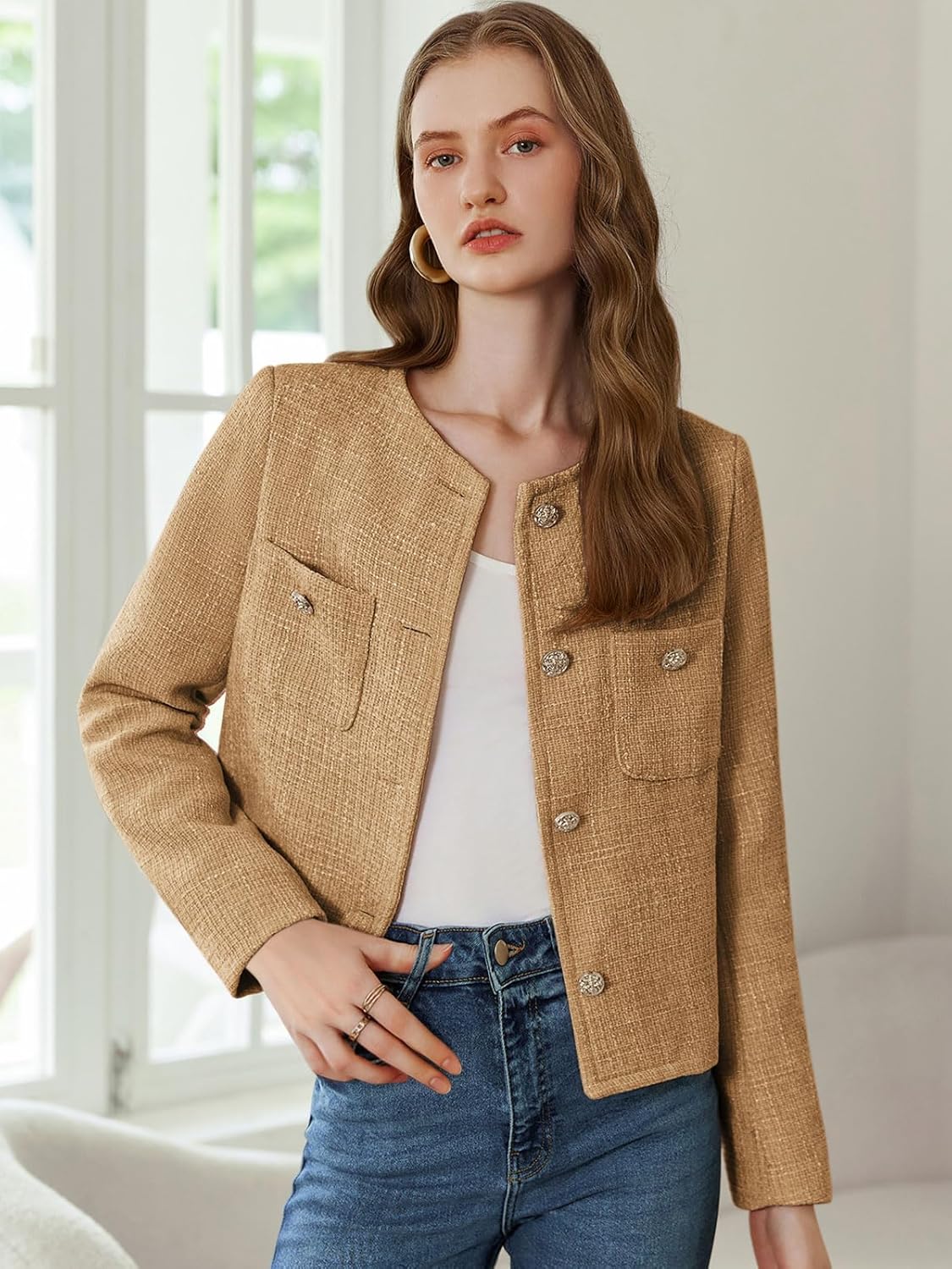 Women's Tweed Blazers Long Sleeve Business Button Down Casual Cropped Blazer Jackets with Pockets - Image 2