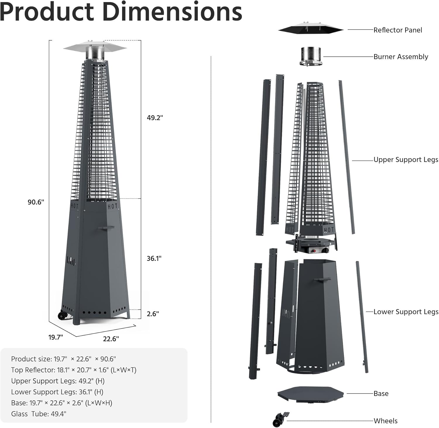LAUSAINT HOME Pyramid Patio Heater, 48,000 BTU Outdoor Propane Heaters for Outdoor Use, Upgraded 91" Quartz Glass Tube Heater for Patio, Deck Backyard Commercial with Tip-Over Protection