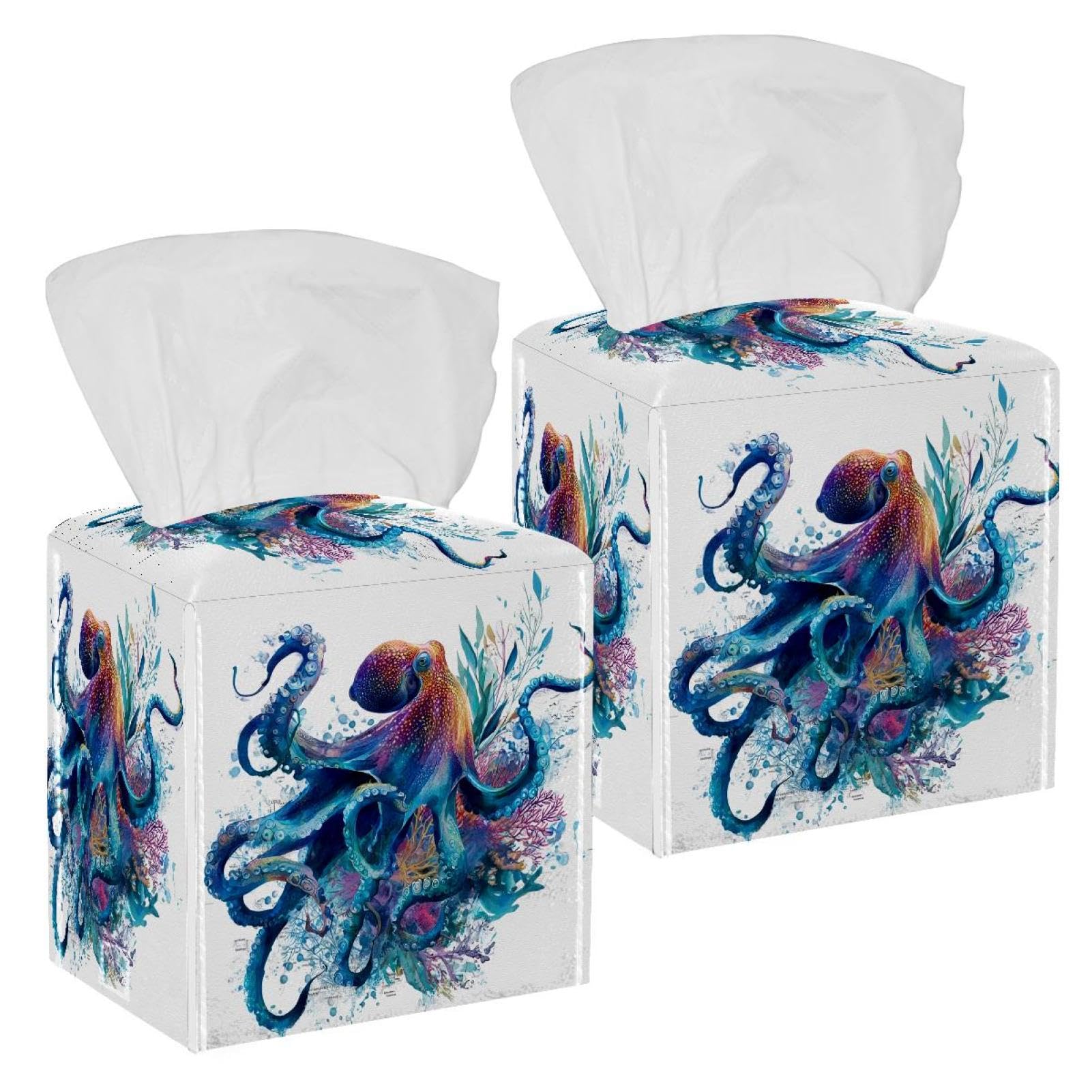 Octopus Tissue Box Cover, 2 Pack PU Leather Square Facial Tissue Dispenser Box holder for Home Office Car