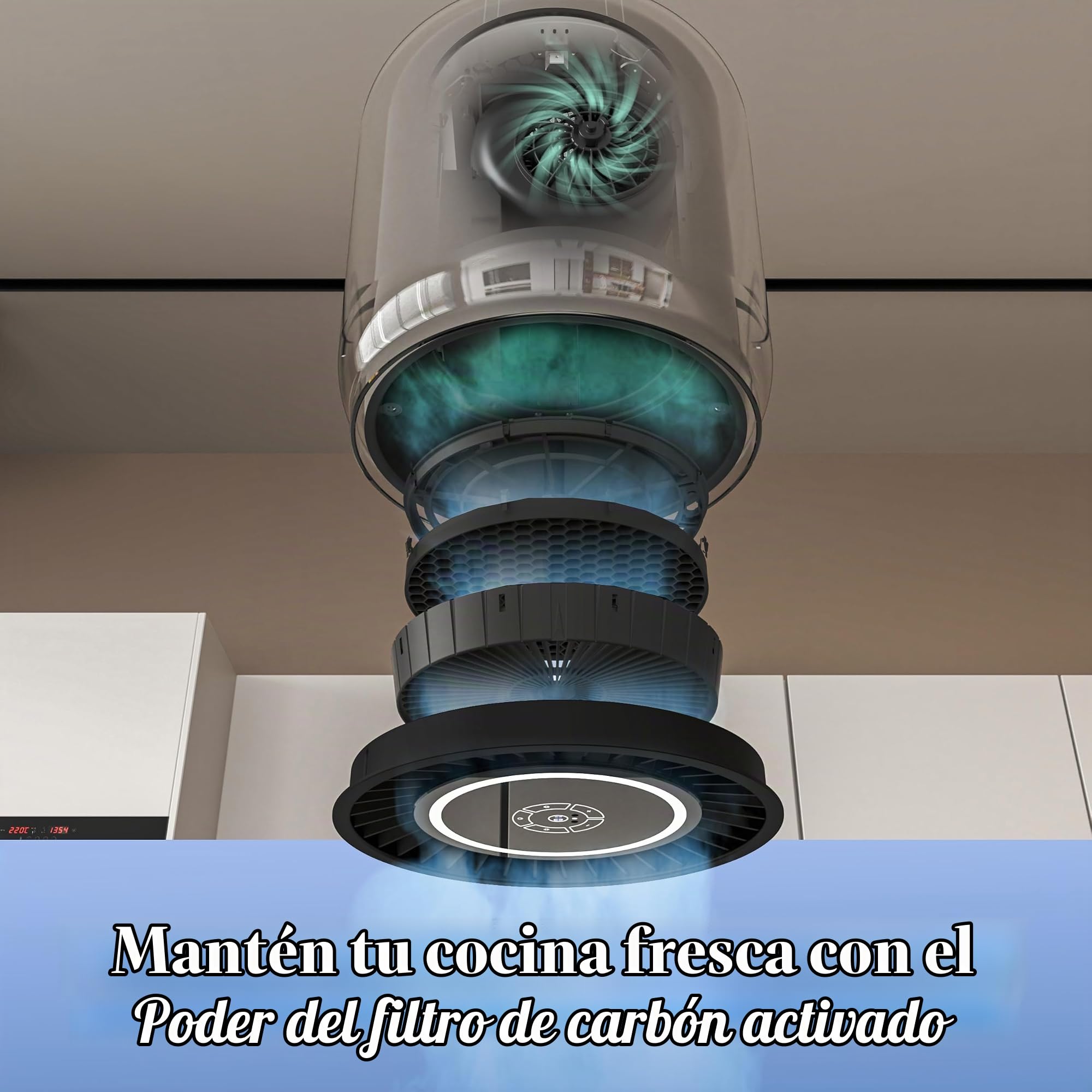 FIREGAS Campana Extractora de Techo para Isla de Cocina, Diseño en Cristal Templado y Acero Inoxidable, 7 Luces LED RGB, Altavoz Bluetooth, 9 Velocidades, 360m³/h, Táctil y Mando a Distancia