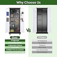 Vista 8 de Armario de almacenamiento de escoba con ruedas, 5 tableros de clavijas y 13 ganchos, armario de almacenamiento de metal con puertas y 4 estantes