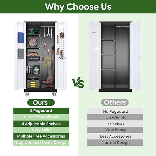 Miniatura 8 de Armario de almacenamiento de escoba con ruedas, 5 tableros de clavijas y 13 ganchos, armario de almacenamiento de metal con puertas y 4 estantes