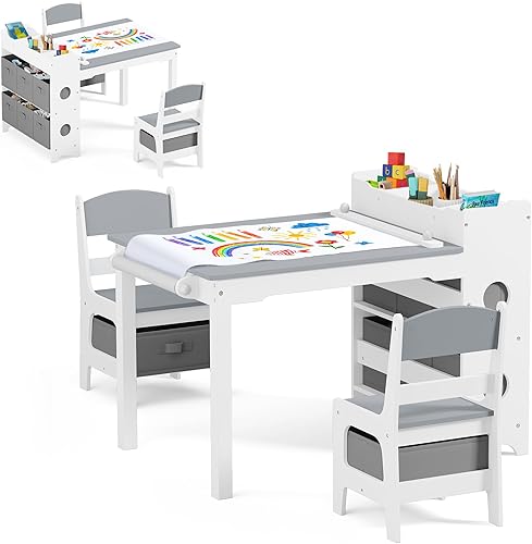 Kinder King Juego de mesa de arte y silla de caballete para niños, mesa de actividades de madera 3 en 1, 6 contenedores de almacenamiento, rollo de