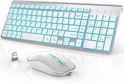 J JOYACCESS Combo de teclado y mouse inalámbricos con 7 opciones retroiluminadas, teclas de luz silenciosas, recargable tipo C, modo de suspensión,