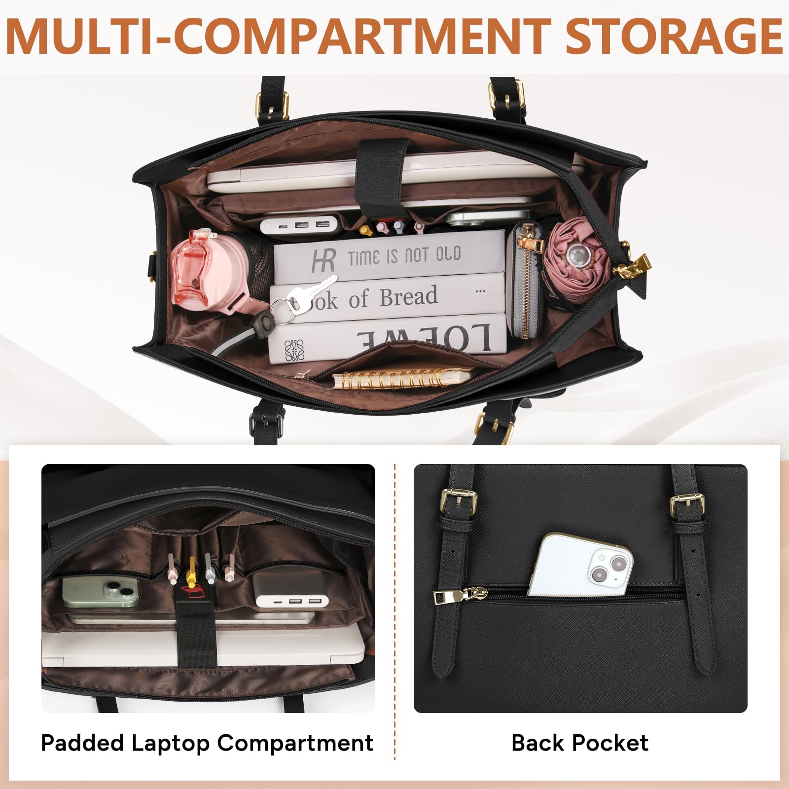 RAINSMORE Bolso Mujer Grande con Compartimento Aislante para el Almuerzo Bolso Ordenador Portatil 15.6 Pulgadas Bolsos Universidad Bolsos Oficina