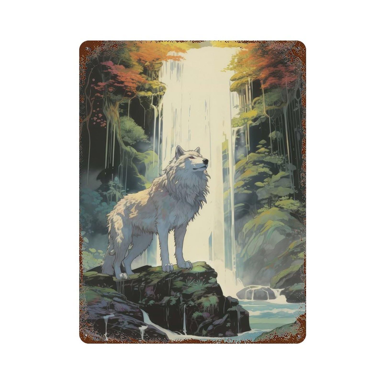 Garage Style A Wolf at The Waterfall Vintage Rust Metal Sign 15.7"x11.8", Rustic Home Decor for Bar And Workshop