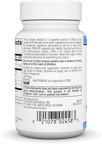Miniatura 9 de Source Naturals Omega-3 veganos, EPA-DHA sin pescado, para apoyo a la salud cardíaca y cerebral* 300 mg - 60 cápsulas blandas veganas