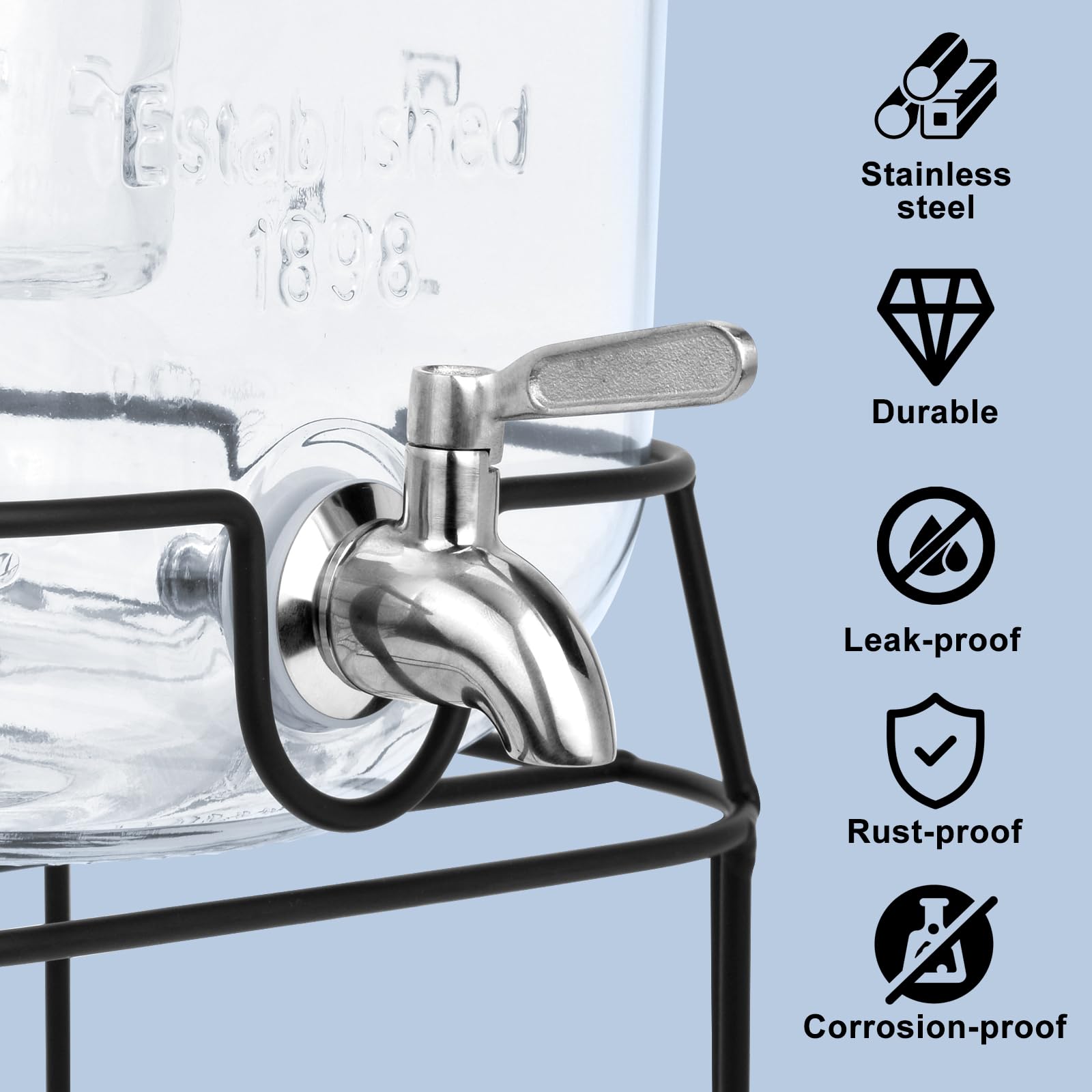 Dispensadores de bebidas de vidrio de 2 galones para fiestas, dispensadores de bebidas con soporte y espiga de acero inoxidable 100% a prueba de fugas. Dispensador de jarra de agua de vidrio,