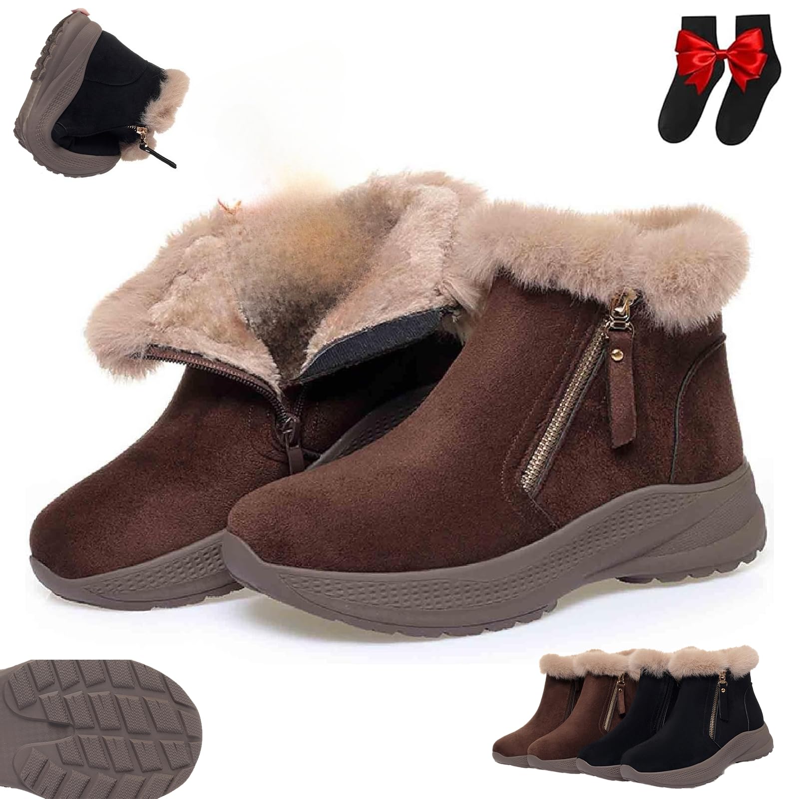 Women Suede Snow Boots Womens Winter Warm Fur Lined Snow Boots Outdoor Side Zipper Comfortable Waterproof Anti-Slip Ankle