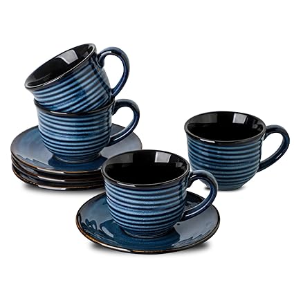 Tikooere Ceramic Espresso Cups with Saucers 5 Oz,Set of 4 Cappuccino Mug with Handle for Coffee,Tea,Latte and Macchiato,Porcelain Demitasse Cups Set for Kitchen and Cafe,Navy Blue
