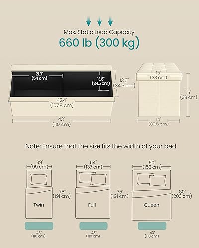 Miniatura 8 de SONGMICS - Banco otomano de almacenamiento, baúl con tapa, asiento plegable, para dormitorio, pasillo, ahorro de espacio, capacidad de 17.6 galones,
