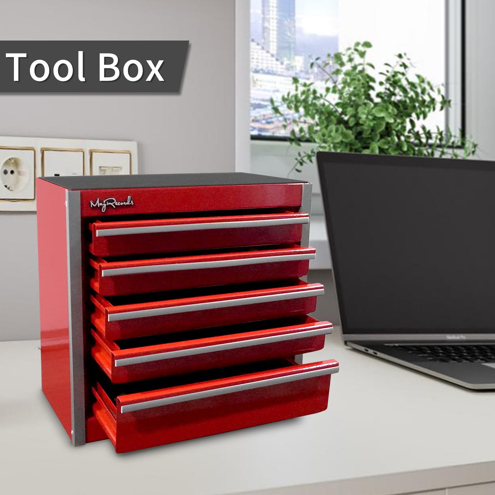 Mini caja de herramientas de metal roja con 5 cajones y almacenamiento superior, bricolaje en casa | Almacenamiento y organizadores de herramientas portátiles