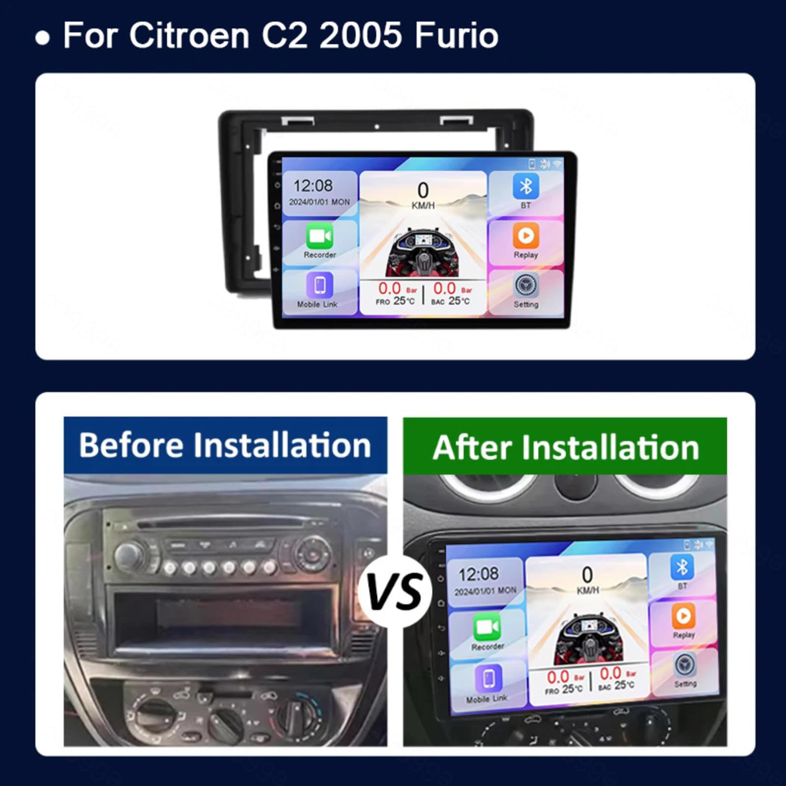 Android 15 Car Stereo 9" Samochód Dla Citroen C2 2005 Furio,M106