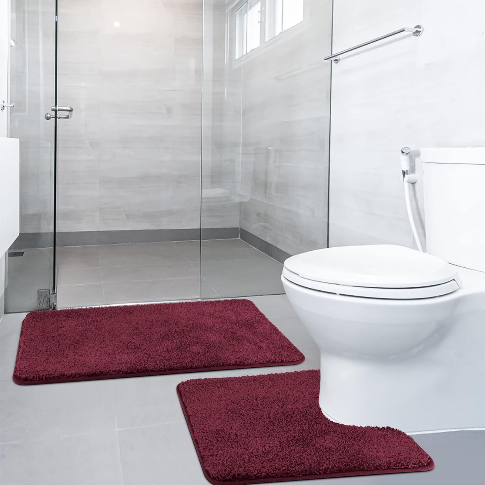 SOANNY Non-Slip Bath Mat Set of 2, 50 X 80 CM Soft Plush Shower Mat & 50 X 50 Toilet Pedestal Carpet, Luxury Thick Microfiber Shaggy Bathroom Rugs, Machine Washable, Absorbent, Burgundy — image 1