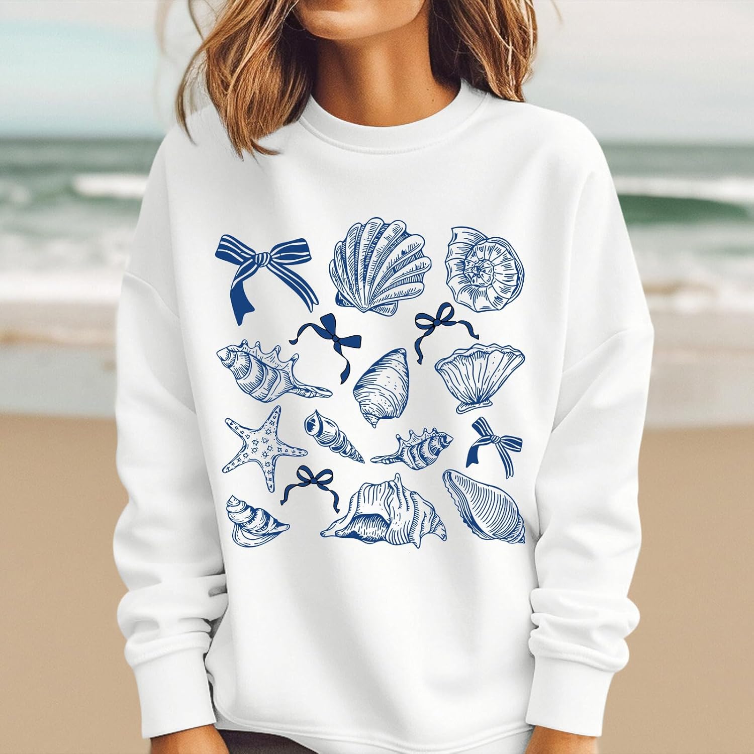 Women Ocean Sweatshirt Seashell Bow Graphic Long Sleeve Shirt Cute Aesthetic Beach Hoodie Casual Pullover Tops - Image 5