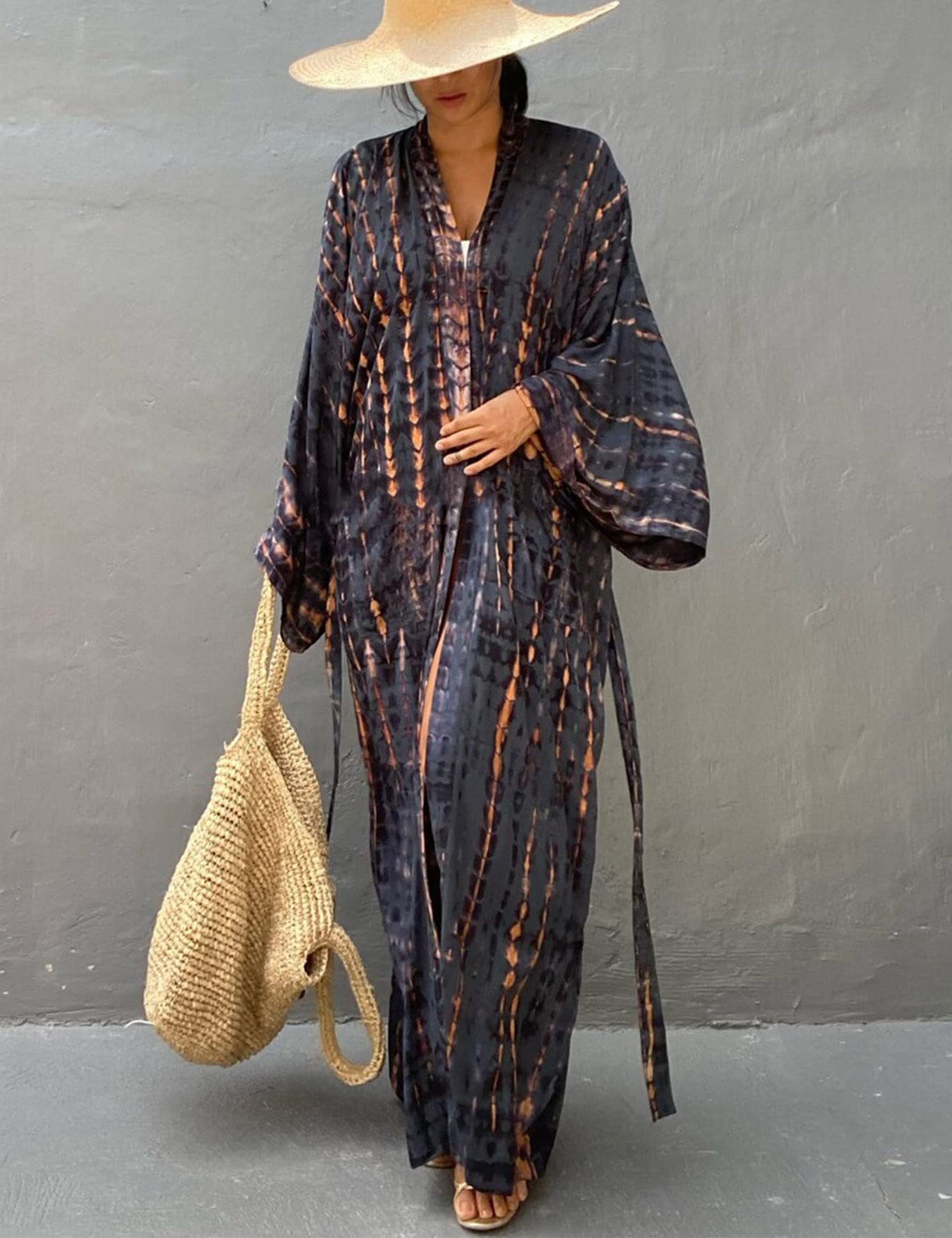 Robe de Plage Femme Été Kimono Bikini Cover Up Tunique Cardigan Imprimé Caftan Grande Taille Kaftan Bohème Maxi Longue Fluide Maillot de Bain Boho Sarong Beachwear Longue Gilet