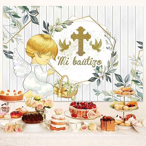 Miniatura 4 de Mi Bautizo - Telón de fondo de 5 x 3 pies, fotografía de primera comunión, Dios bendiga el nuevo fondo de baby shower, telón de fondo de hojas