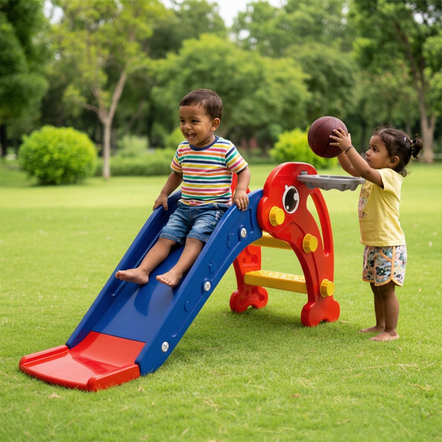 Amazon Brand - Solimo Dolphin Slide for Toddlers with Basketball Hoop | Indoor & Outdoor Kids | Safe Plastic Climber & Slide for Boys & Girls | for 1–3 Years | Easy Assembly, Red and Blue-image-23