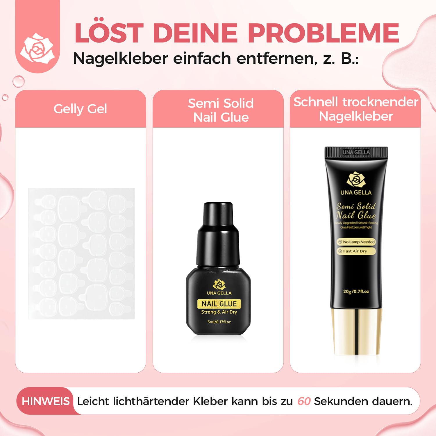 UNA GELLA Rimozione di colla per unghie Press On Nails, 30 ml, con leva integrata senza acetone, Soak Off per Nail Tip, colla fai da te (non per smalto gel UV)