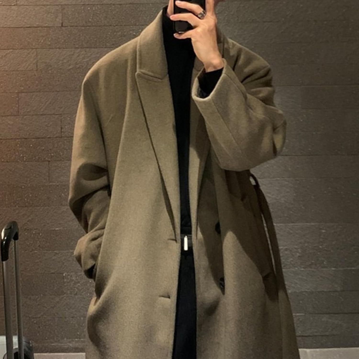 Maiyifu-GJ Men's Full Length Trench Coat Slim Fit Single Breasted Wool Blend Long Pea Coat Fall Winter Warm Overcoat