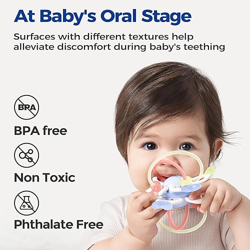Miniatura 3 de Evoceler Juguete para bebé, juguete sensorial Montessori para 0-6, 6-12 meses, giratorio 10 texturas de silicona suave juguete de dentición con caja