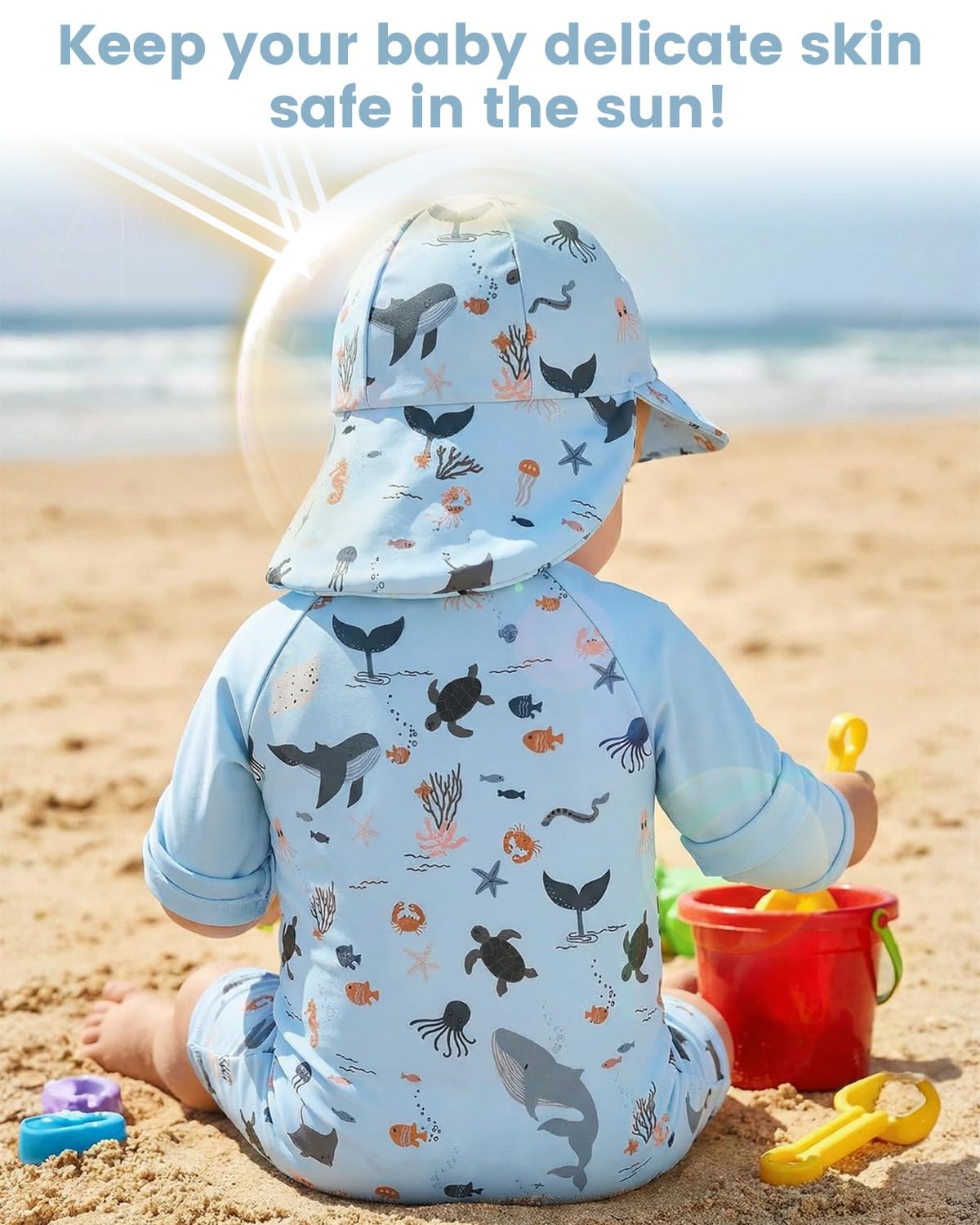 WYTbaby Traje de baño de una pieza para bebé, ropa de protección UV de manga larga para bebé niño con sombrero para el sol