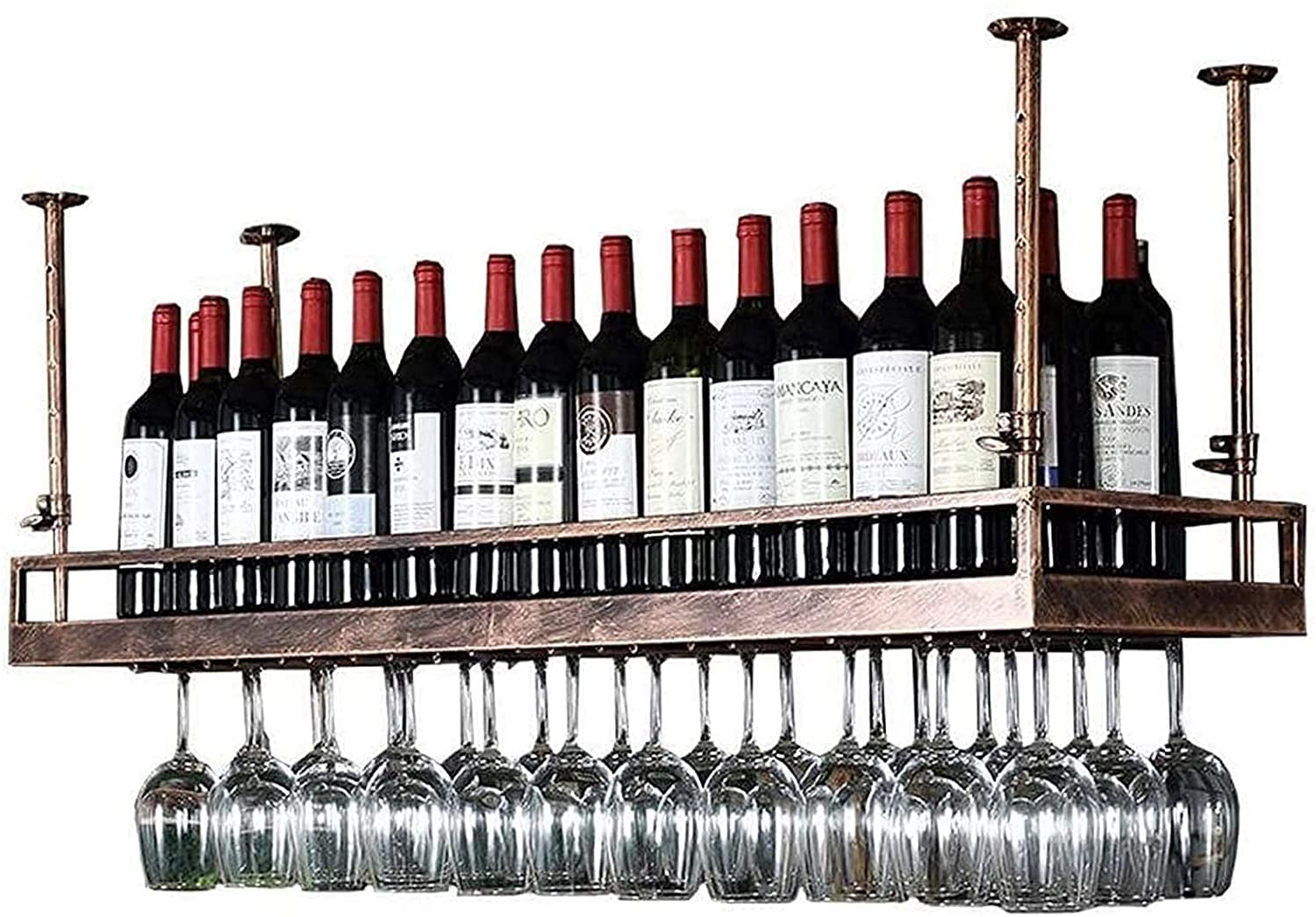 Casier à vin suspendu en fer réglable avec porte-verres pour plafond et mur