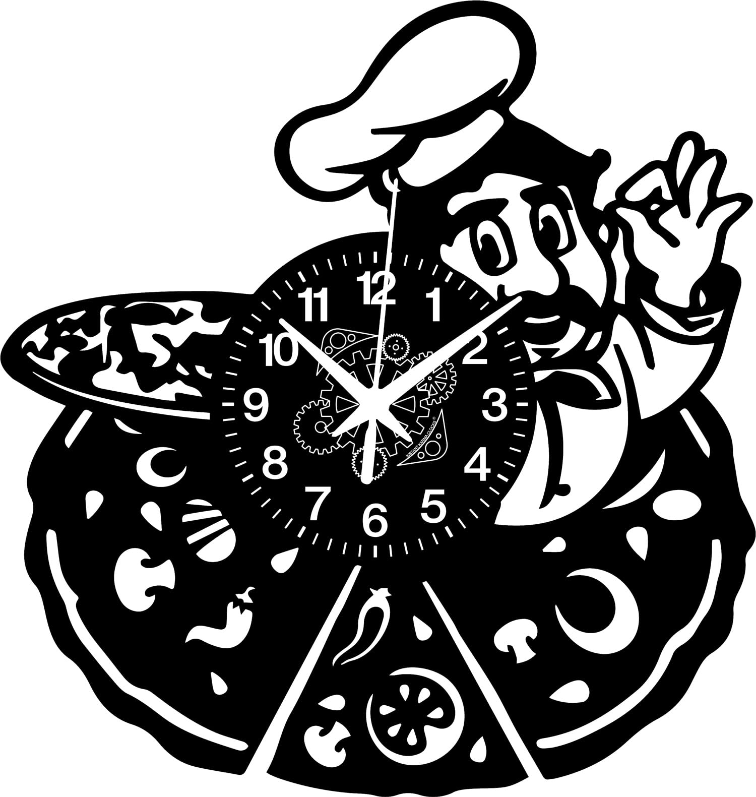 Instant Karma Clocks | Pizzeria Theme Wall Clock with Pizza Maker and Wood Oven | Artistic Design for Furnishing Kitchen, Restaurant, Clubs or Gift to Pizza Lovers (Black)