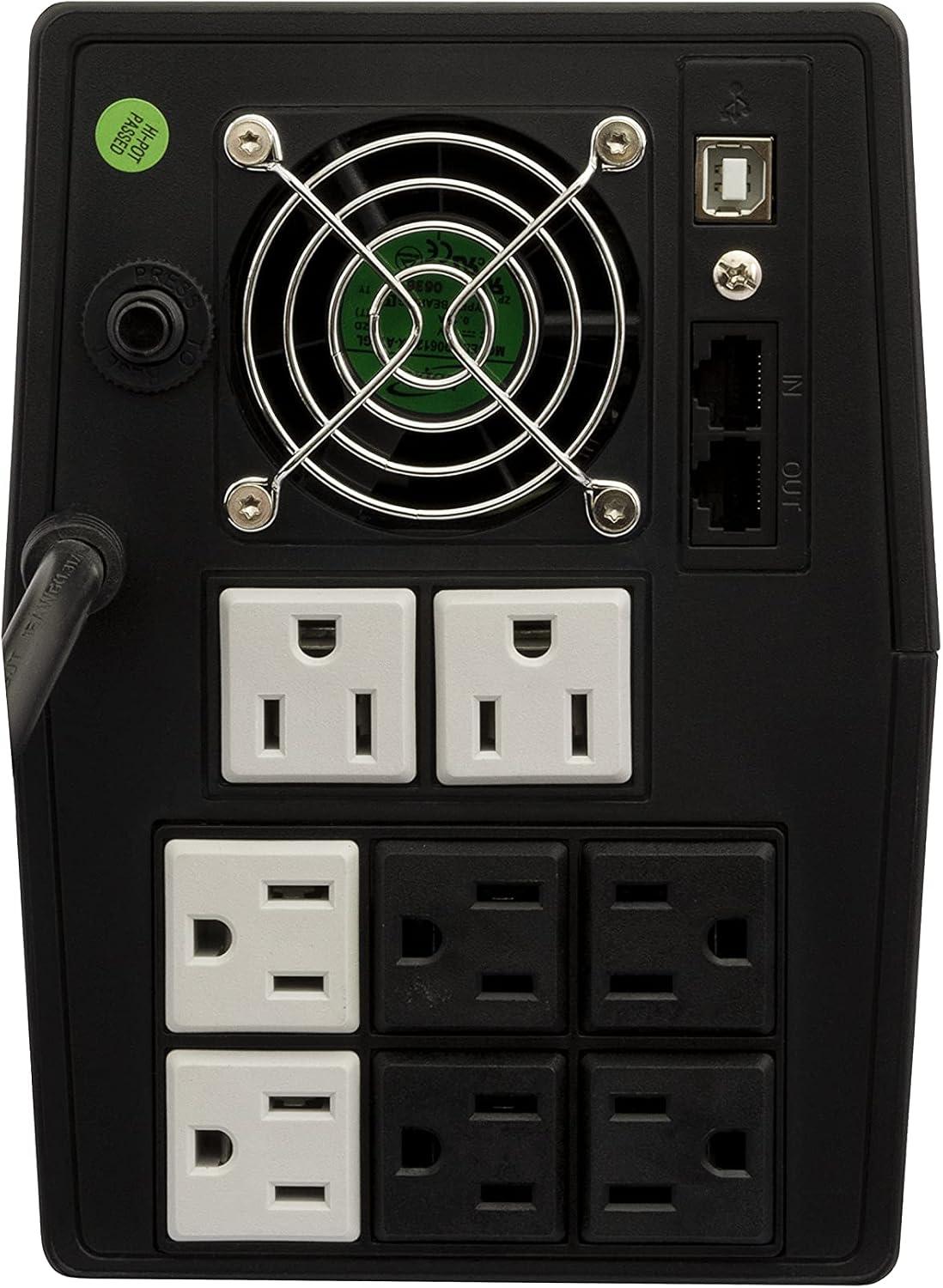 Rear view of the Smartbitt UPS showing power outlets, USB port, and RJ45 ports.