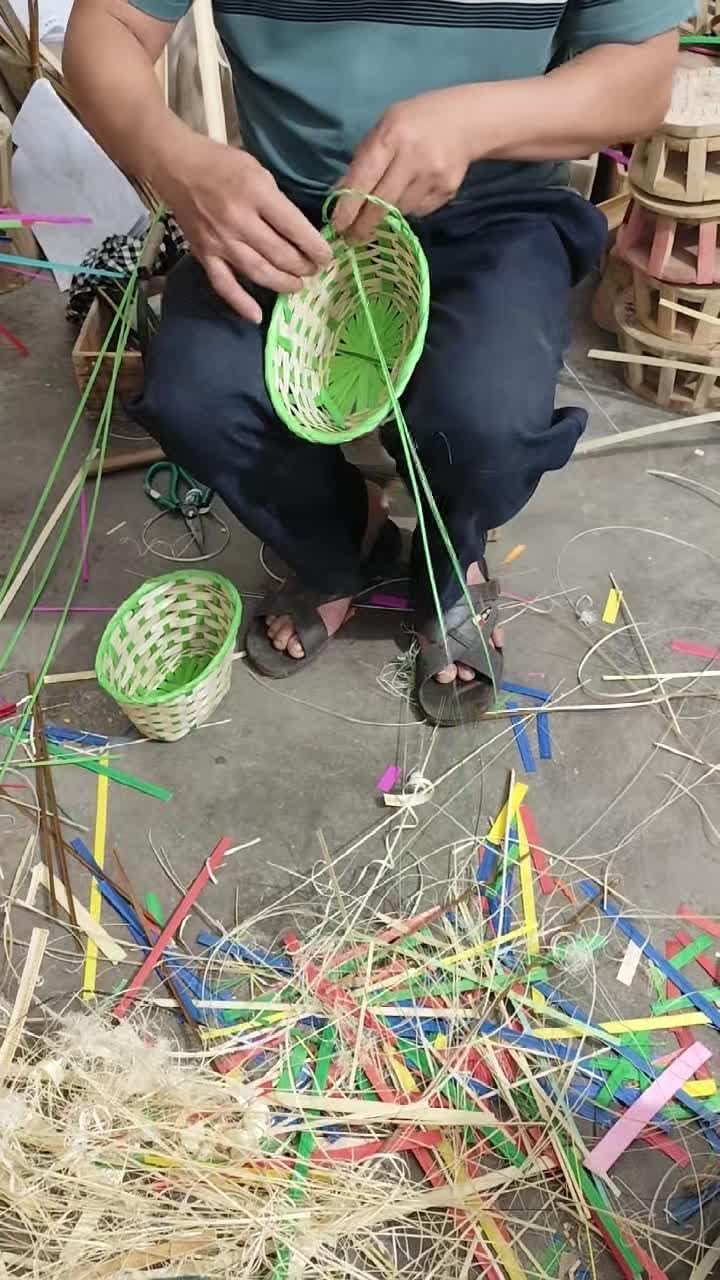 Handcrafted Green & Natural Bamboo Basket with Handles – Small Round Woven Storage Basket for Home and Organization