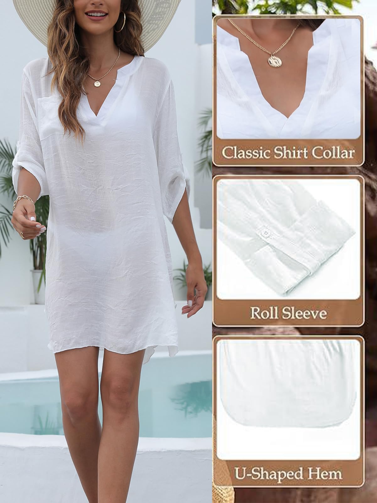 Rayson Copricostume Estiva Donna Mare Scollo a V Casual Copri Costume Arrotolate in Maniche a Sette Quarti La Tinta Unita Bikini Cover Up