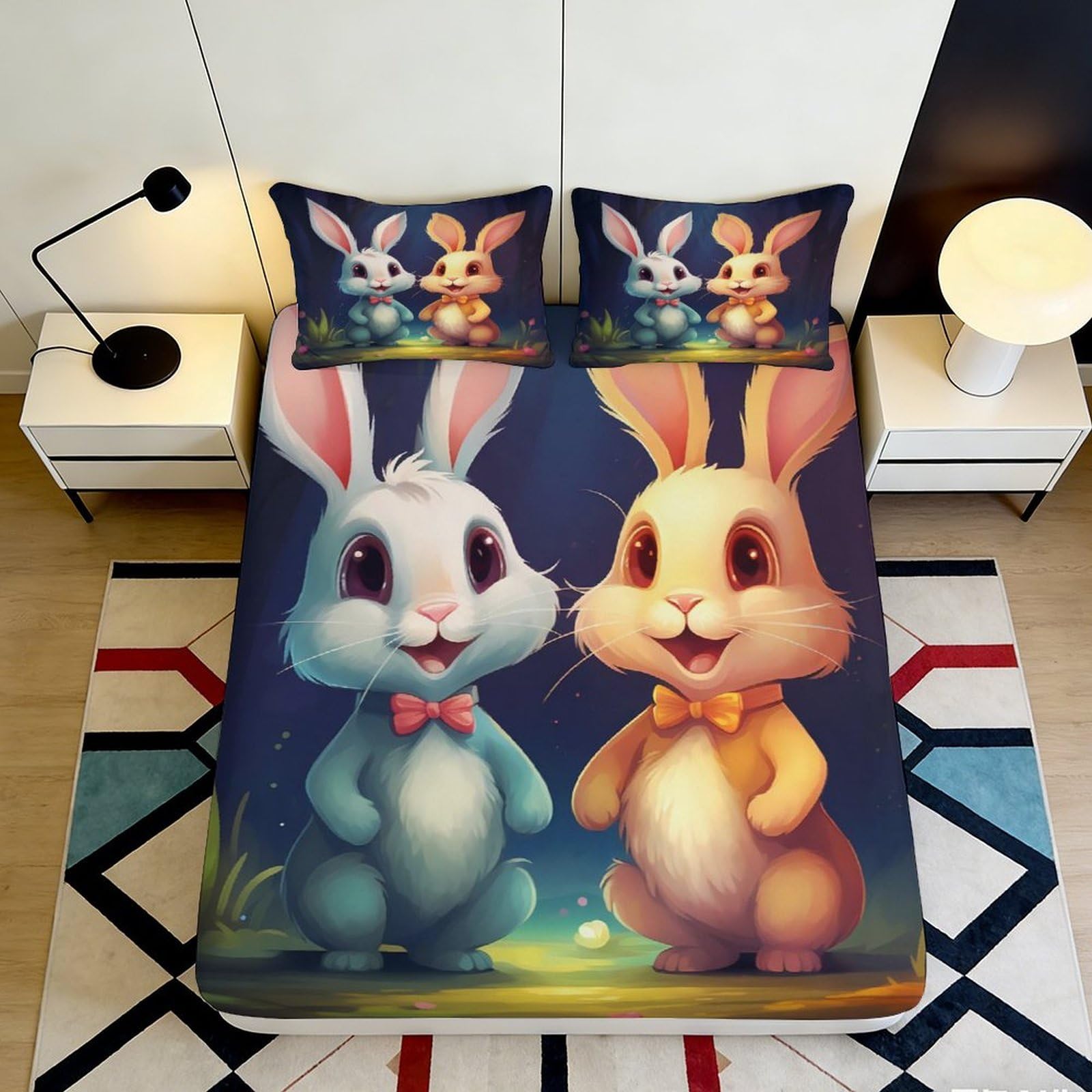 3D Printed Cute Bunny Fitted Sheet Microfiber Soft Breathable Cartoon Rabbit Bed Cover for Bedroom Dorm Decor 90x200x25cm