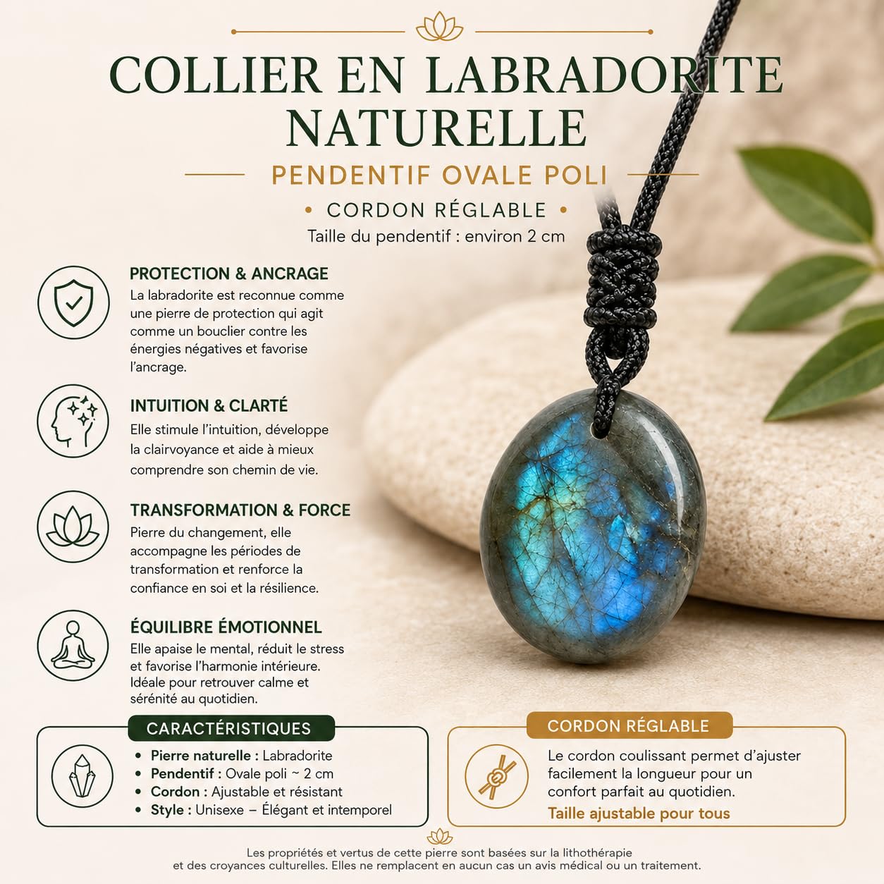 Collier en Labradorite Naturelle – Pierre Protectrice – Pendentif Ovale Poli avec Cordon Réglable – Bijou Énergétique pour Homme et Femme