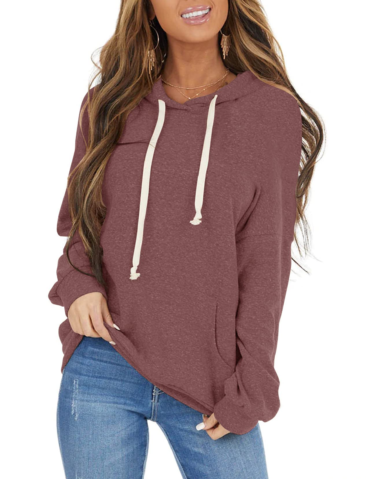 Women's Casual Lightweight Hoodies Long Sleeve White Drawstring Sweatshirts Loose Pullovers with Pocket