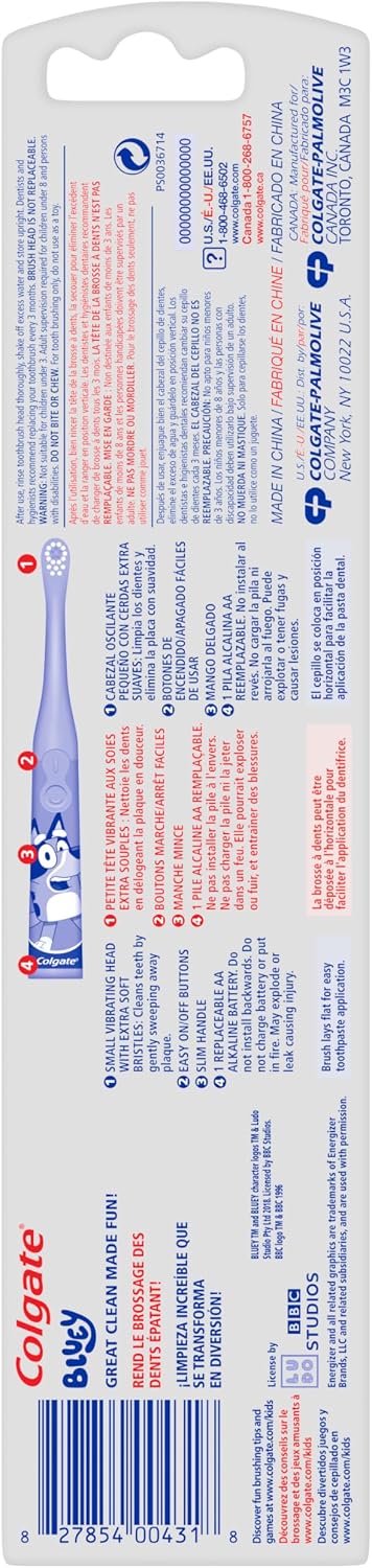 Colgate Kids Battery Powered Toothbrush | Extra Soft Bristles | Flat-Laying Handle | Bluey | 2 Pack