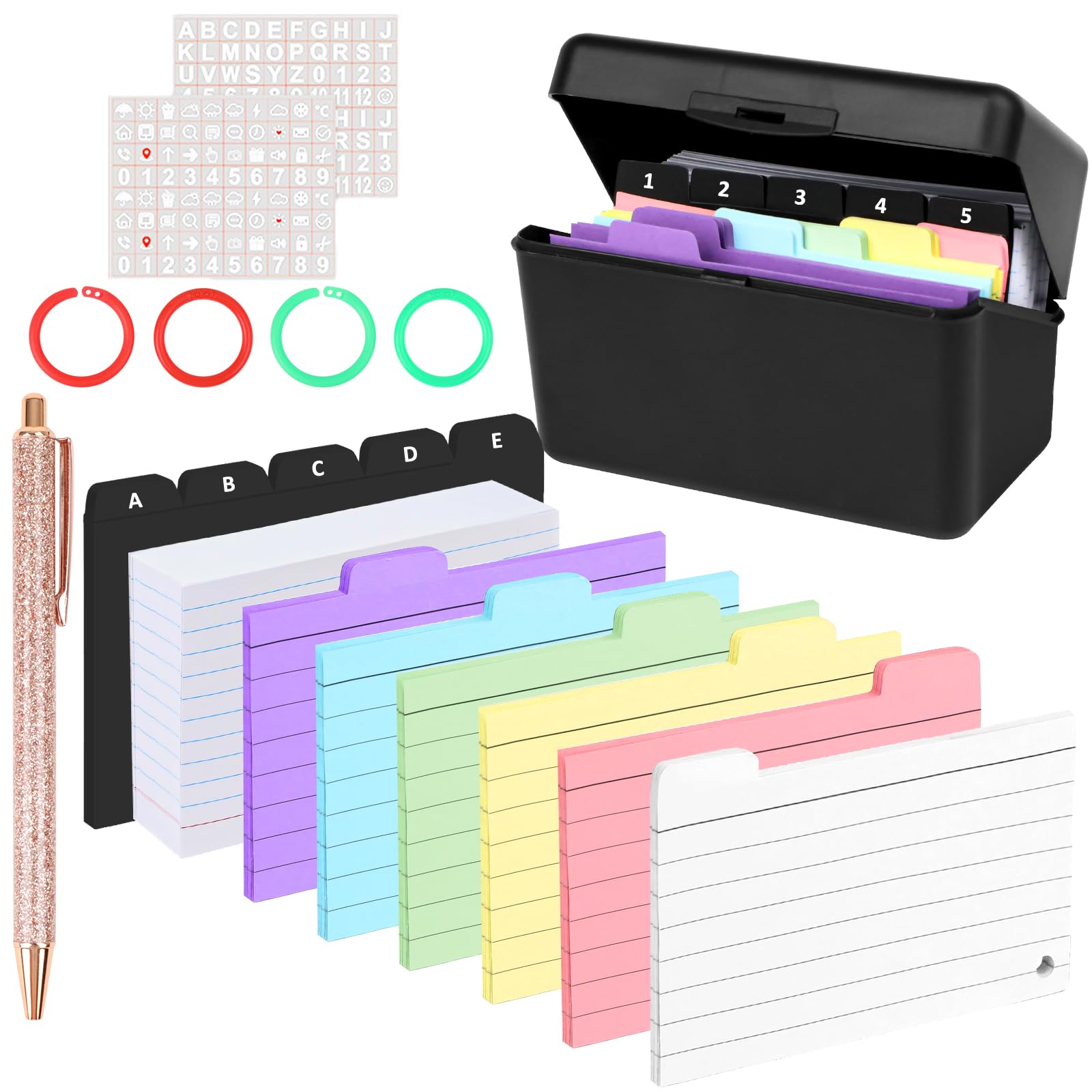 FYting Index kaartenbox, indexdoos A7, indexkaarten box, 150 indexkaarten 150 gekleurde voering met 8 boekenringen, leeskaartenbox voor onderweg, studie-notities, recepten of studiekaarten (wit