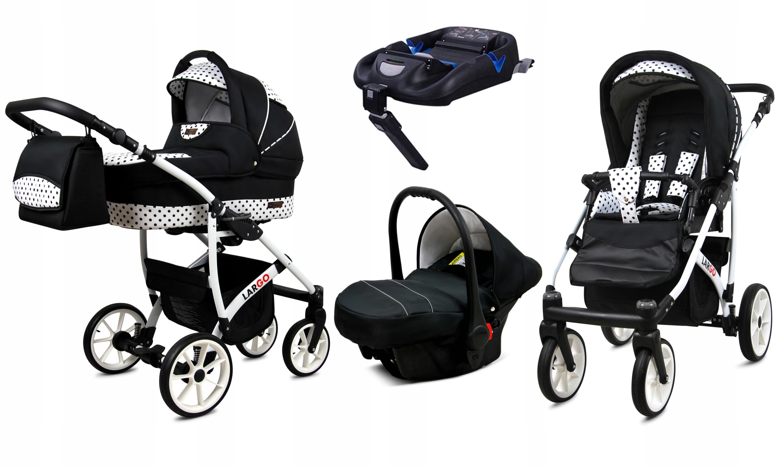 BabyLux Zestaw wózków dziecięcych 4 w 1 – Largo – w zestawie wanienka dla niemowląt, fotelik sportowy, fotelik samochodowy, stacja bazowa ISOFIX – fotelik samochodowy – zestaw wózków dziecięcych