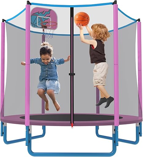 66'' Mini Trampoline for Kids with Enclosure & Basketball Hoop, 5.5FT No-Gap Toddler Trampoline for Indoor & Outdoor Use, 600LBS Capacity, Ideal Gift for Boys & Girls
