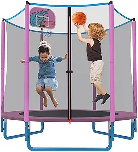 66'' Mini Trampoline for Kids with Enclosure & Basketball Hoop, 5.5FT No-Gap Toddler Trampoline for Indoor & Outdoor Use, 600LBS Capacity, Ideal Gift for Boys & Girls