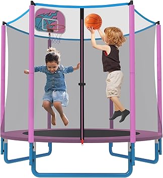 66'' Mini Trampoline for Kids with Enclosure & Basketball Hoop, 5.5FT No-Gap Toddler Trampoline for Indoor & Outdoor Use, 600LBS Capacity, Ideal Gift for Boys & Girls