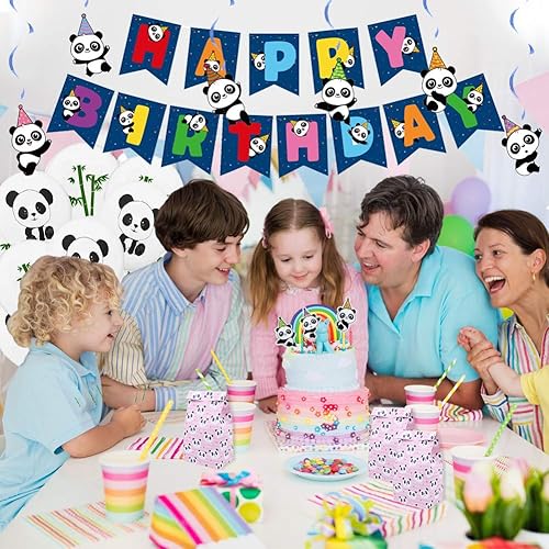 Miniatura 7 de 61 piezas de suministros de decoración de fiesta de cumpleaños de panda, temática de oso panda, globos de bambú de panda, bolsas de regalo,