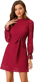 Women's Cocktail Elegant Ruffle Crew Neck Floral Lace Shift Dress