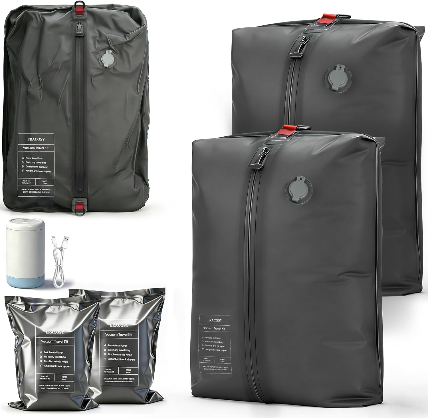 Vacuum Bags with Wireless Pump, Compression Bags for Travel, Waterproof & Reusable Nylon Vacuum Travel Kit, Space Saver Storage Bags for Carry-On Backpack & Suitcase (3-Pack, Pump Included)