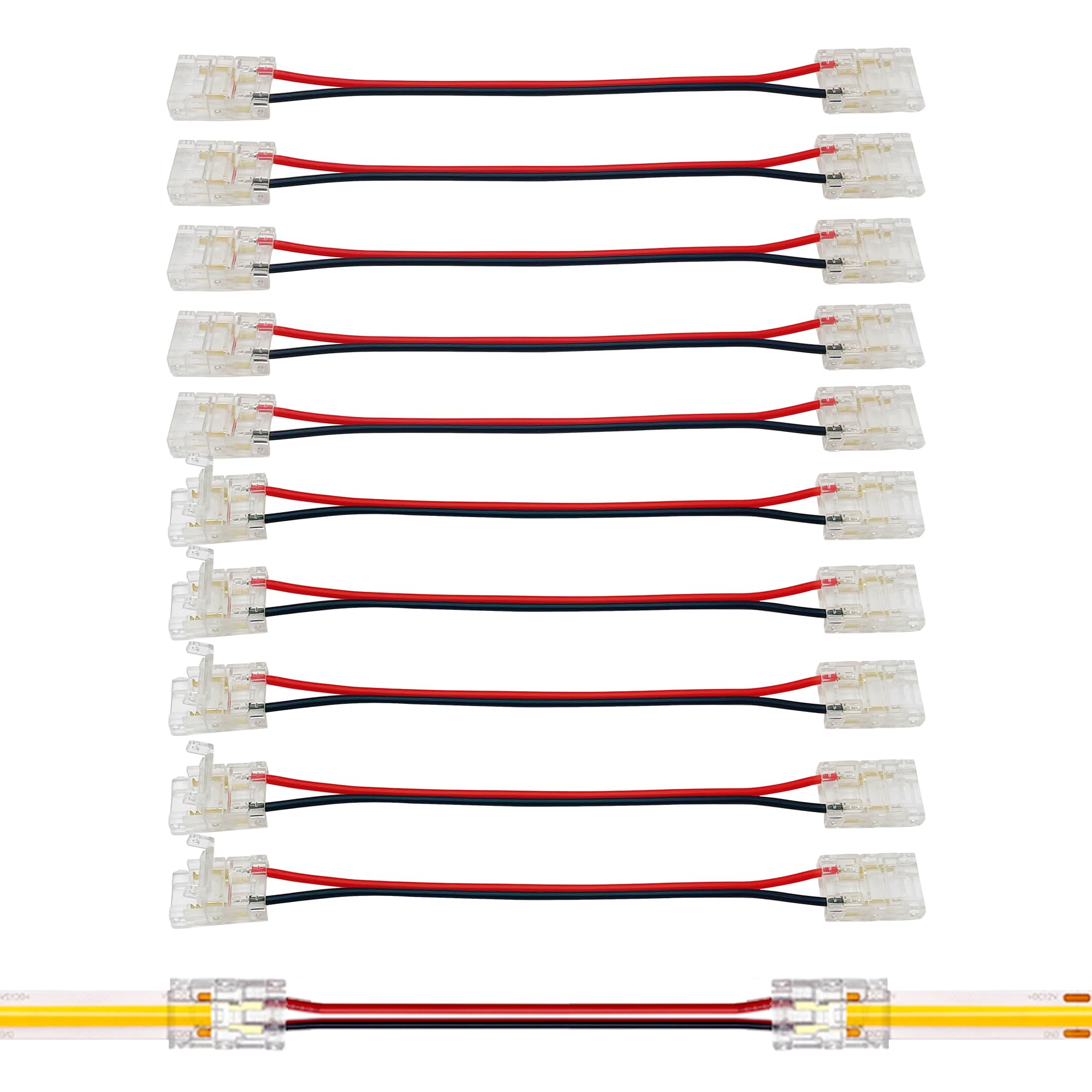 Clearhill L-Shape 2Pin Transparent Solderless COB LED Strip Connectors,10mm - 90°Right Angle Corner Joints for 5V 12V 24V Single Color LED Strip Lights (10Packs) - Seamless Corner Connection