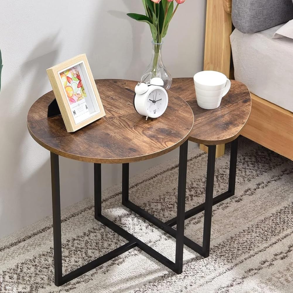 Shally Dogan Set mit 2 ineinandergreifenden Tischen im Industriestil für Wohnzimmer mit Holzplatte und Metallrahmen, Couchtisch, Wohnzimmer, platzsparender Verschluss, stapelbar