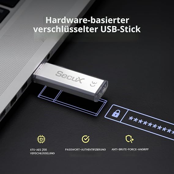 SecuX Forte - Encrypted USB Flash Drive - USB 3.2 Gen 1 - XTS AES Encryption - Password Authentication - Automatic Locking - Silver Metal Case (128GB) (64GB)