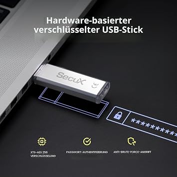 SecuX Forte - Encrypted USB Flash Drive - USB 3.2 Gen 1 - XTS AES Encryption - Password Authentication - Automatic Locking - Silver Metal Case (128GB) (64GB)