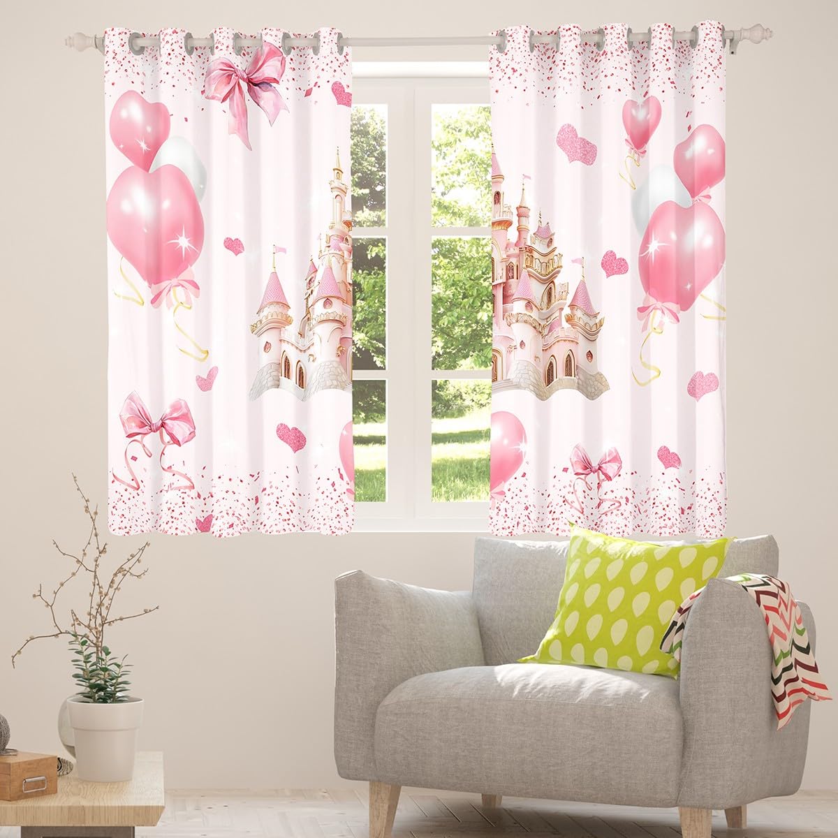 Homewish Rideau Occultant 30%-50% Fille Princesse Rose, Rideau Château Rose pour Enfant Ado, Rideau Voilage Nœud Papillon Kawaii, Voilage Fenetre Coeur d'amour Doux, 140x260 cm, 2 Panneaux